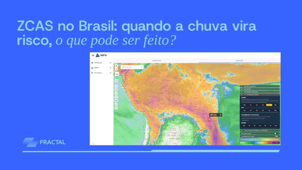 Mapa de previsão de chuva acumulada em 7 dias no Brasil indicando volumes acima de 200 mm associados à atuação da ZCAS, segundo o modelo ECMWF