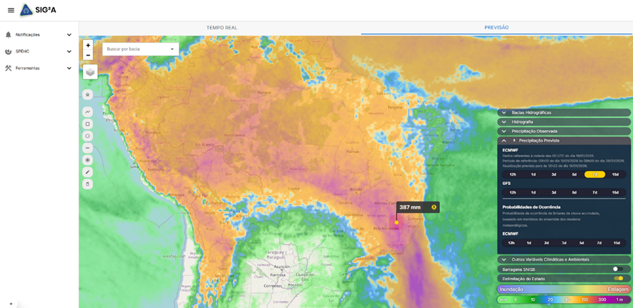 Mapa de previsão de chuva acumulada em 7 dias no Brasil indicando volumes acima de 200 mm associados à atuação da ZCAS, segundo o modelo ECMWF